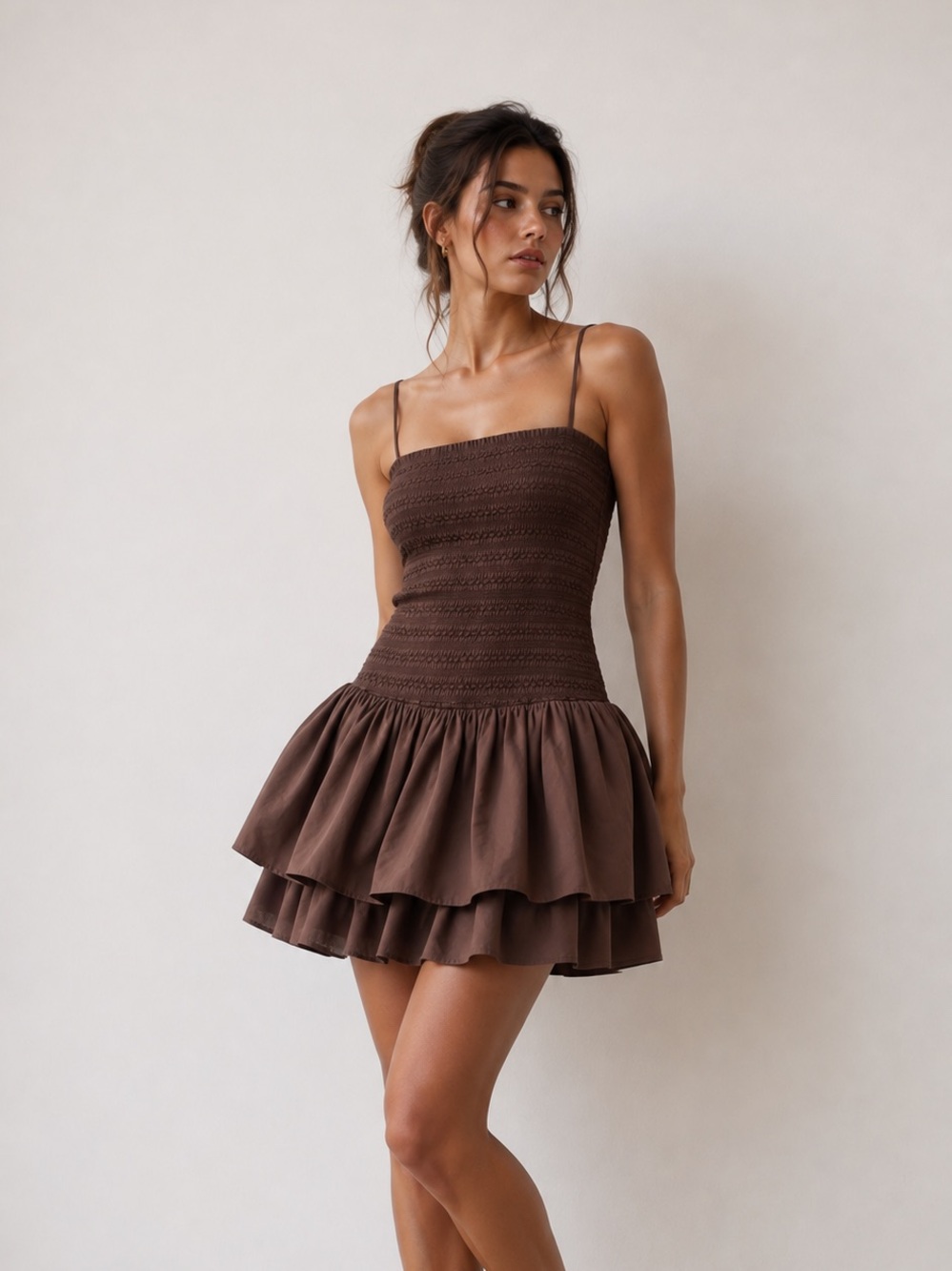 Dynamite Chocolate Brown Smocked Tiered Mini Dress - Picture 1 of 4